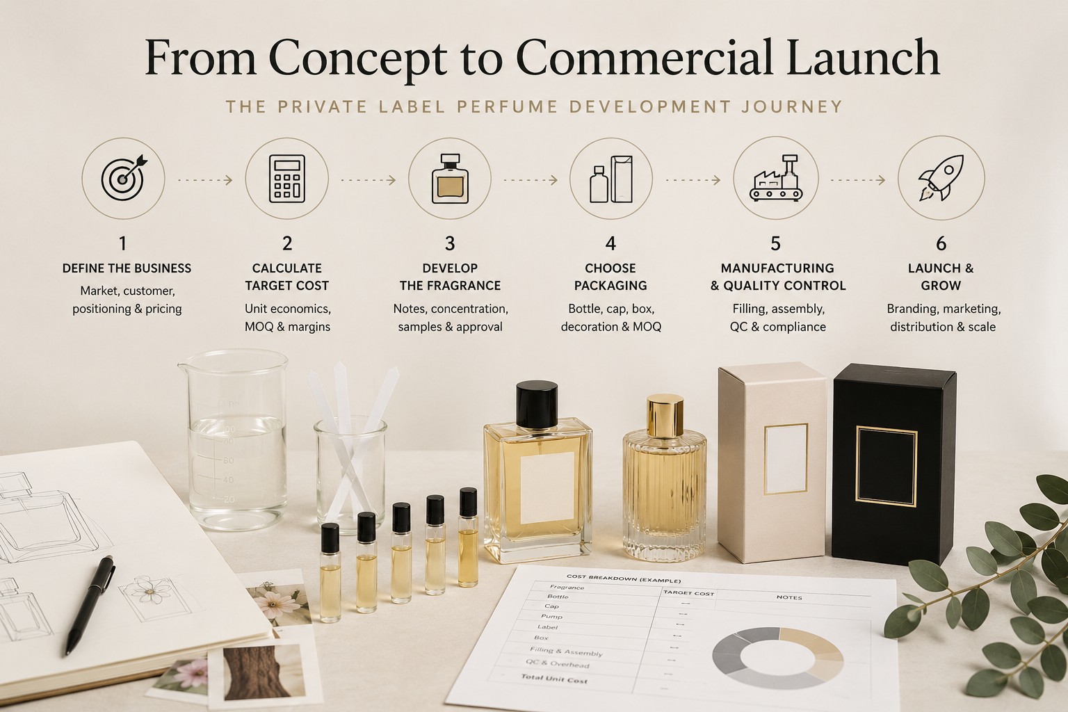 The private label perfume development journey from initial brand strategy to fragrance development, packaging, manufacturing and market launch.